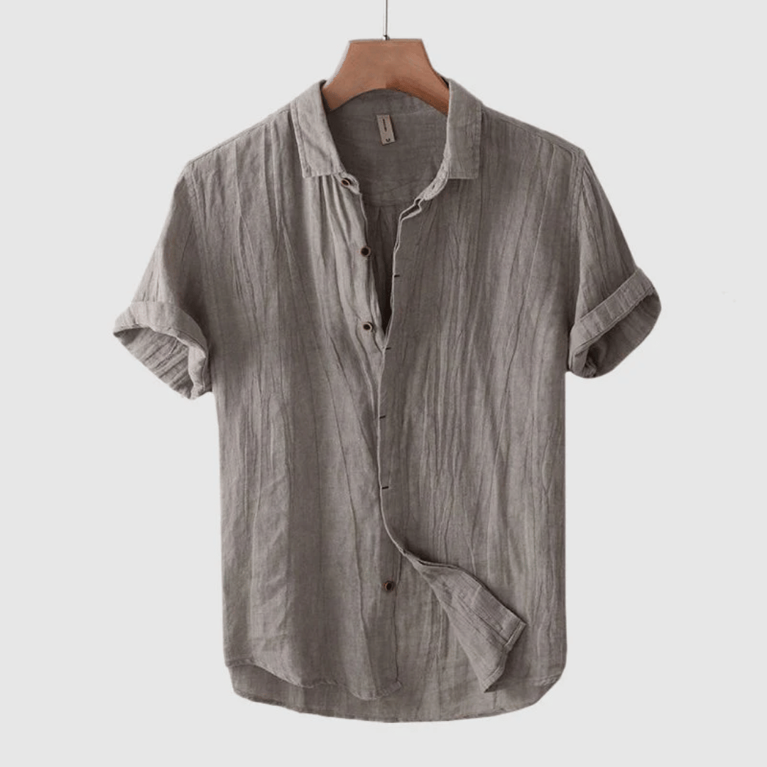 Men's Short Sleeve Linen Shirt with Turned-Up Cuffs