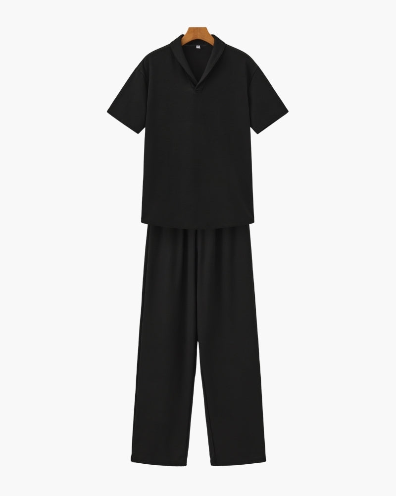 Men's Two-Piece Short Sleeve Shirt and Pants Set with V-Neck, Casual Matching Outfit