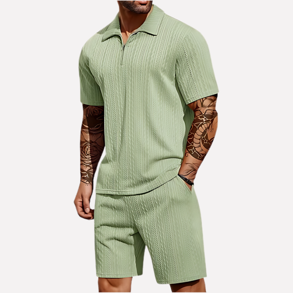 Men's 2-Piece Casual Outfit Set, Quarter-Zip Polo and Matching Shorts