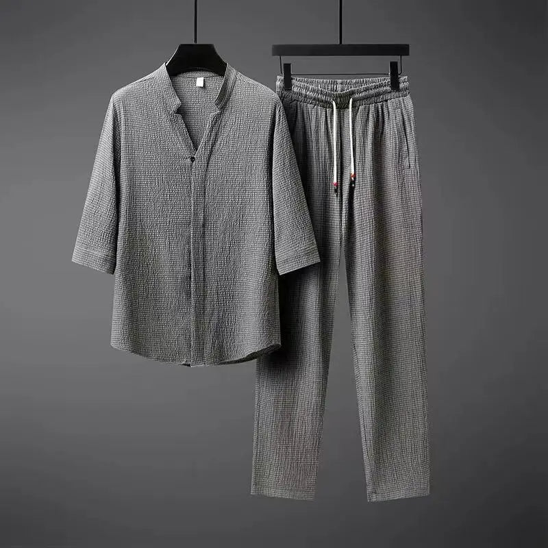 Men's Linen 2-Piece Set - Short Sleeve Shirt and Elastic Waist Pants