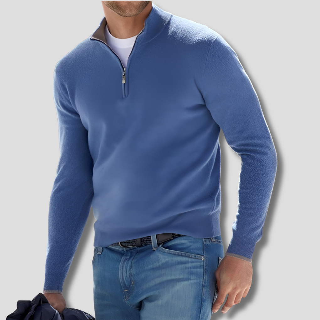 Men's Cotton Knit Pullover, Zipper Collar Sweater for Casual Wear