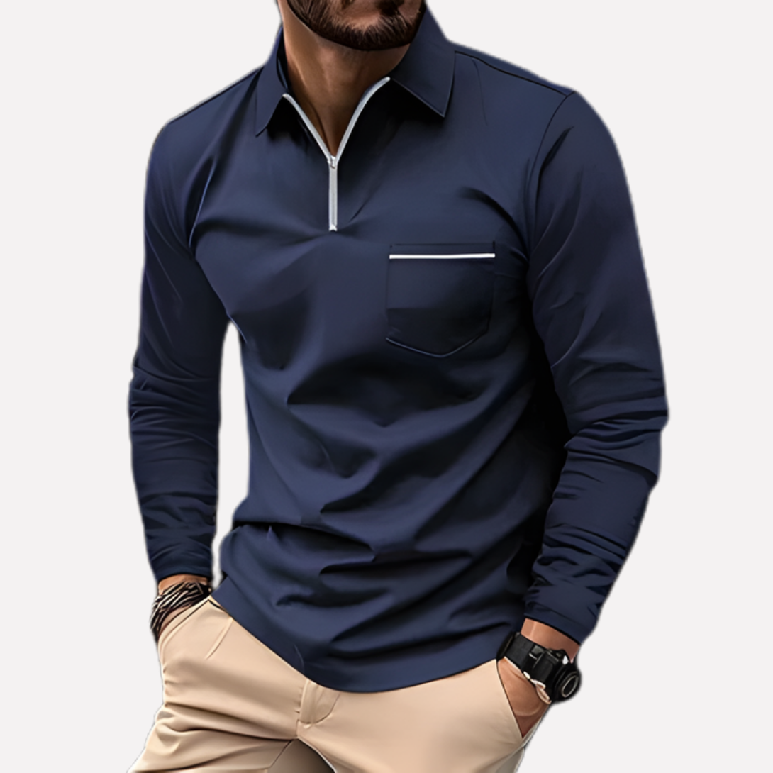 Men's Long-Sleeve Polo Shirt with Chest Pocket - Cotton Blend