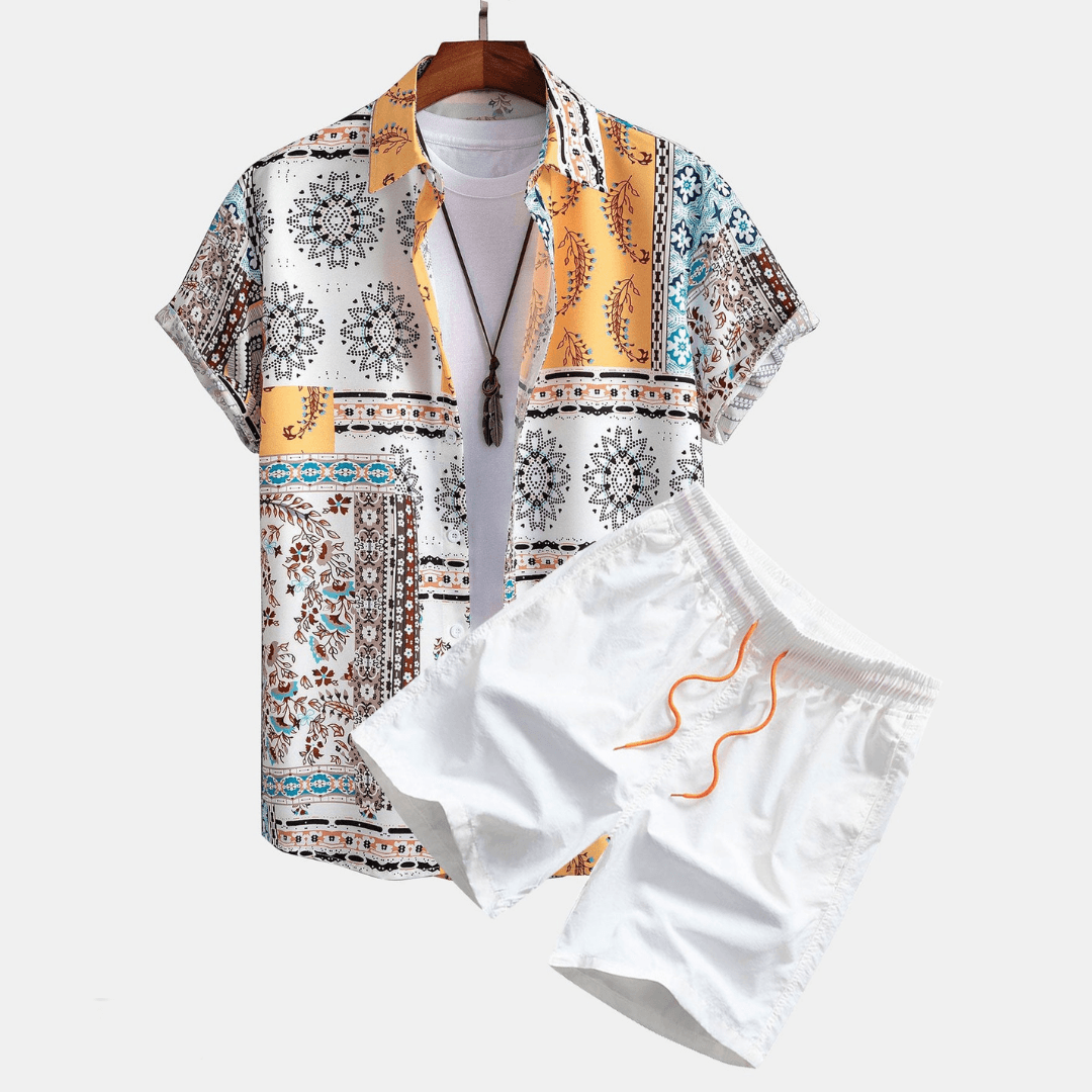 Men's Printed Short Sleeve Shirt and Shorts Set, Patchwork Print Two-Piece Outfit
