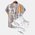 Men's Printed Short Sleeve Shirt and Shorts Set, Patchwork Print Two-Piece Outfit