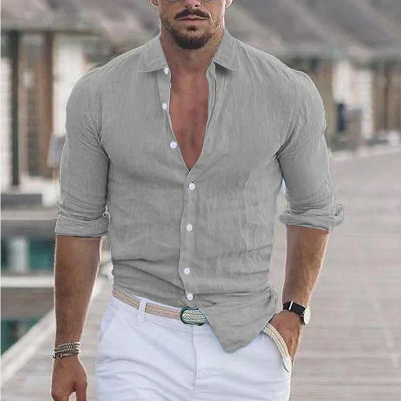 Men's Linen Shirt with Turn-Down Collar, Breathable Button-Up