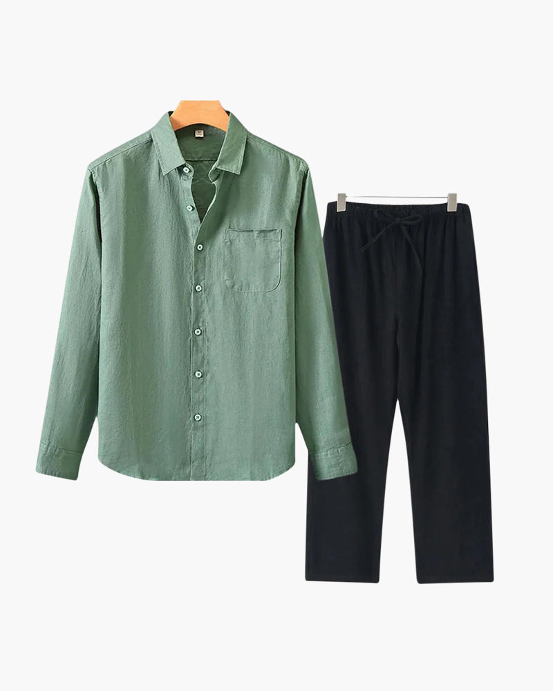 Men's Two-Piece Button-Front Shirt and Drawstring Pants Set, Casual Matching Outfit