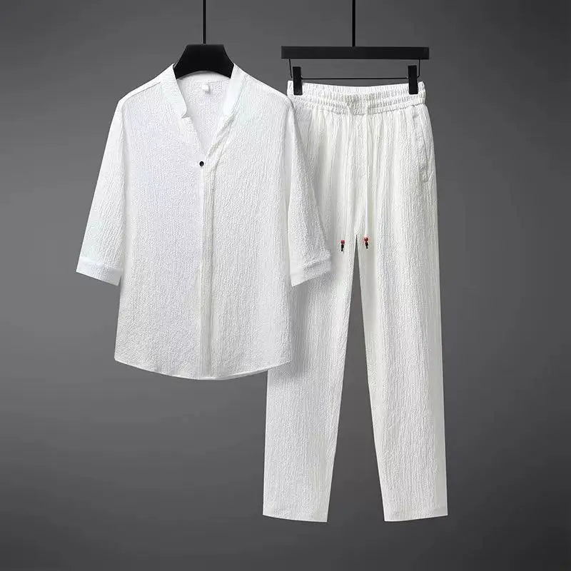 Men's Linen 2-Piece Set - Short Sleeve Shirt and Elastic Waist Pants