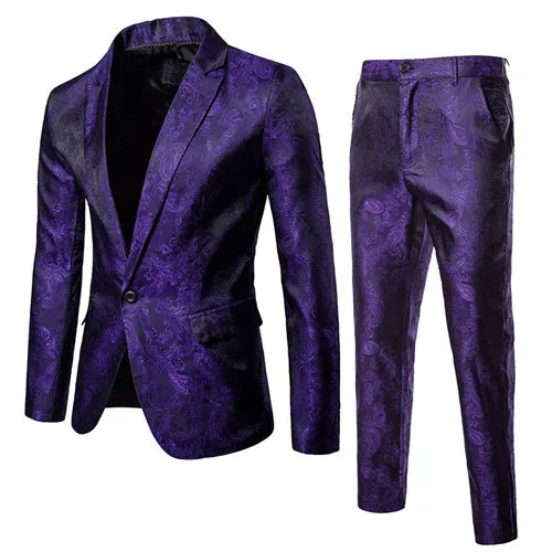 Men's Two-Piece Suit - Slim Fit Jacquard Blazer and Trousers Set