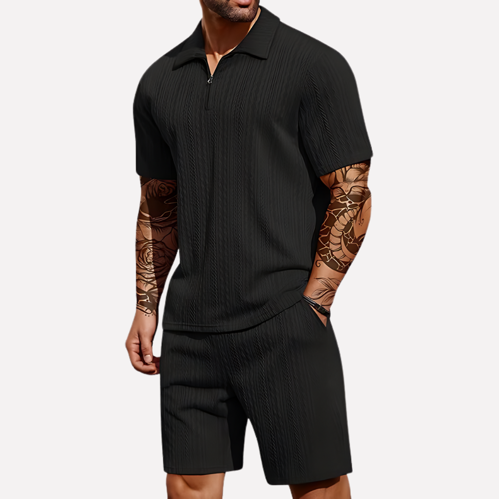 Men's 2-Piece Casual Outfit Set, Quarter-Zip Polo and Matching Shorts