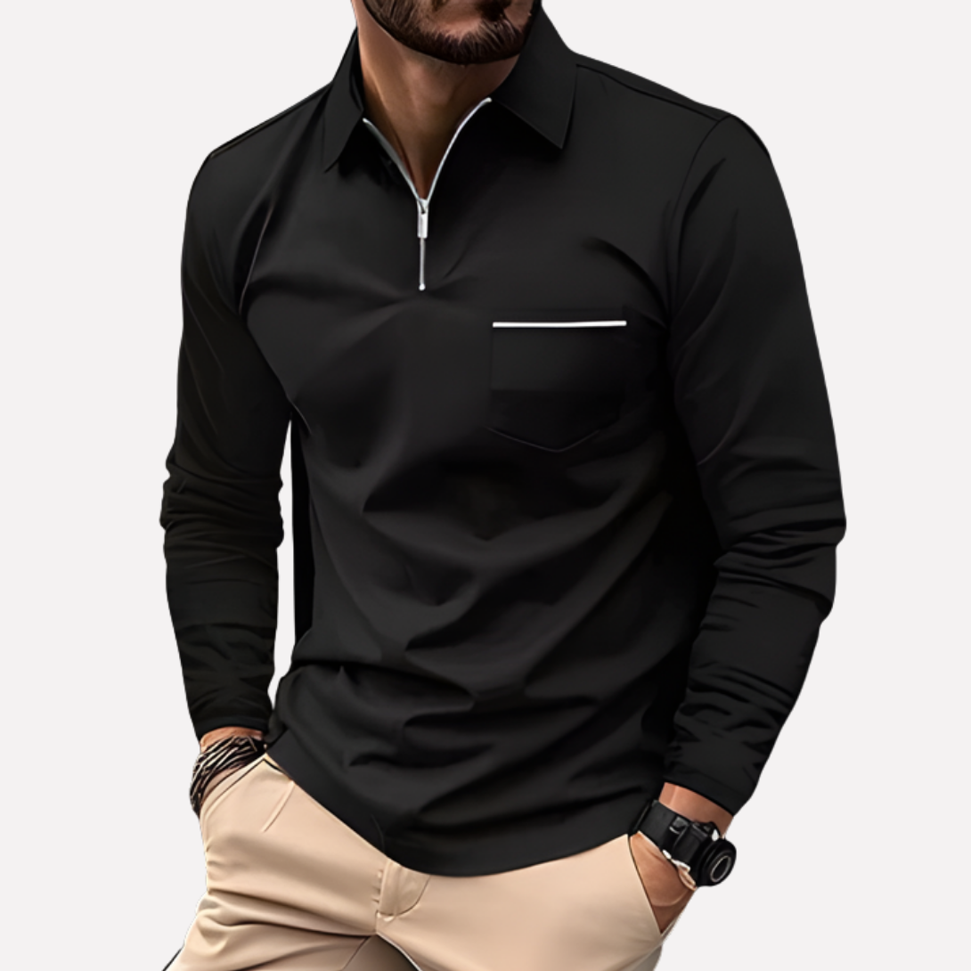 Men's Long-Sleeve Polo Shirt with Chest Pocket - Cotton Blend