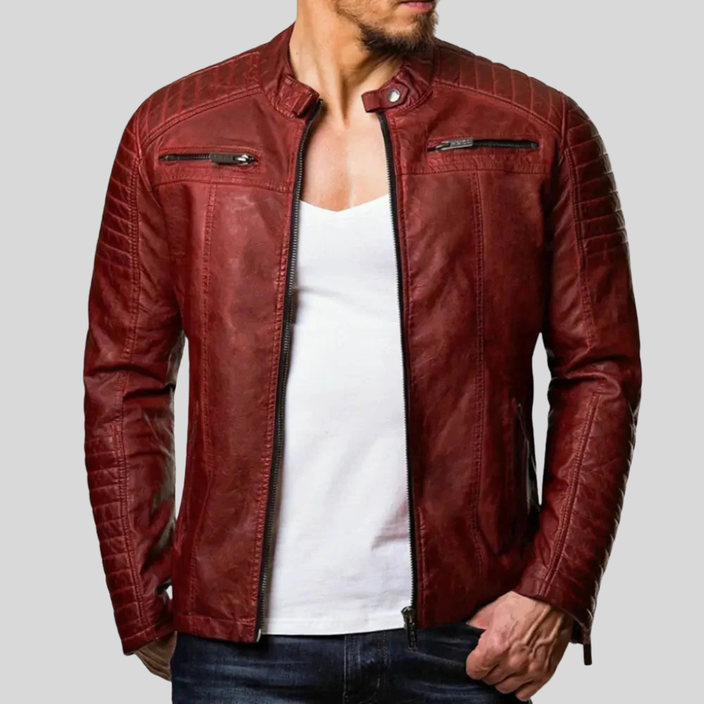 Men's Wind-Resistant Leather Jacket - Full-Zip with Snap Placket