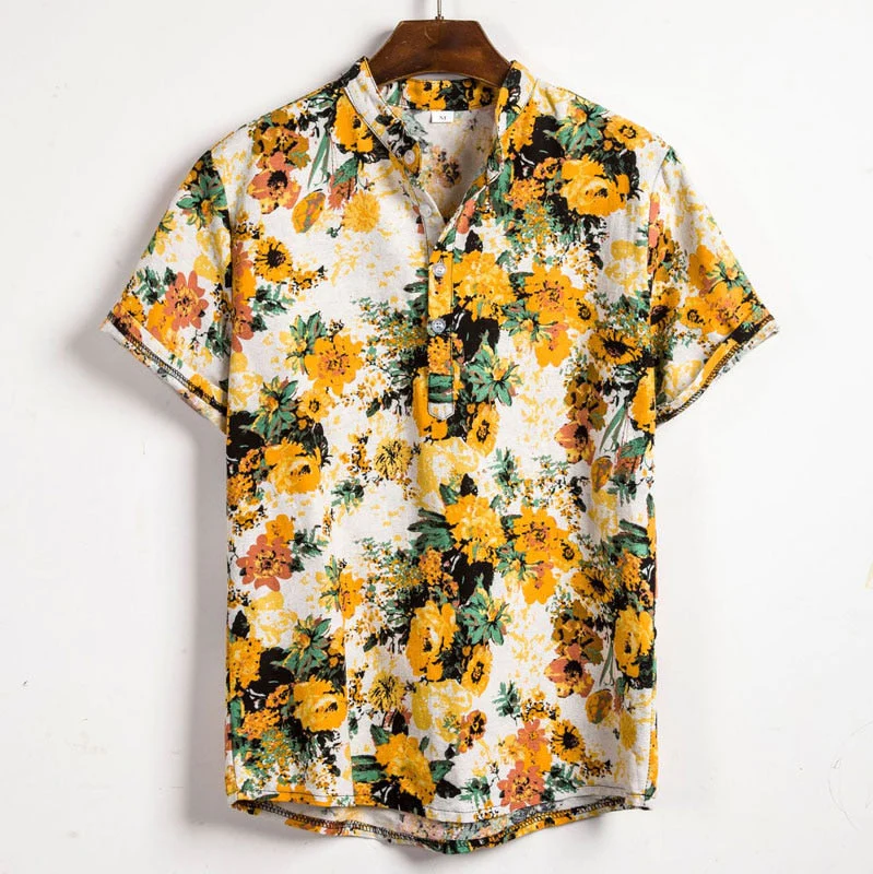 Men's Short Sleeve Print Shirt | Stand-Up Collar Button-Up
