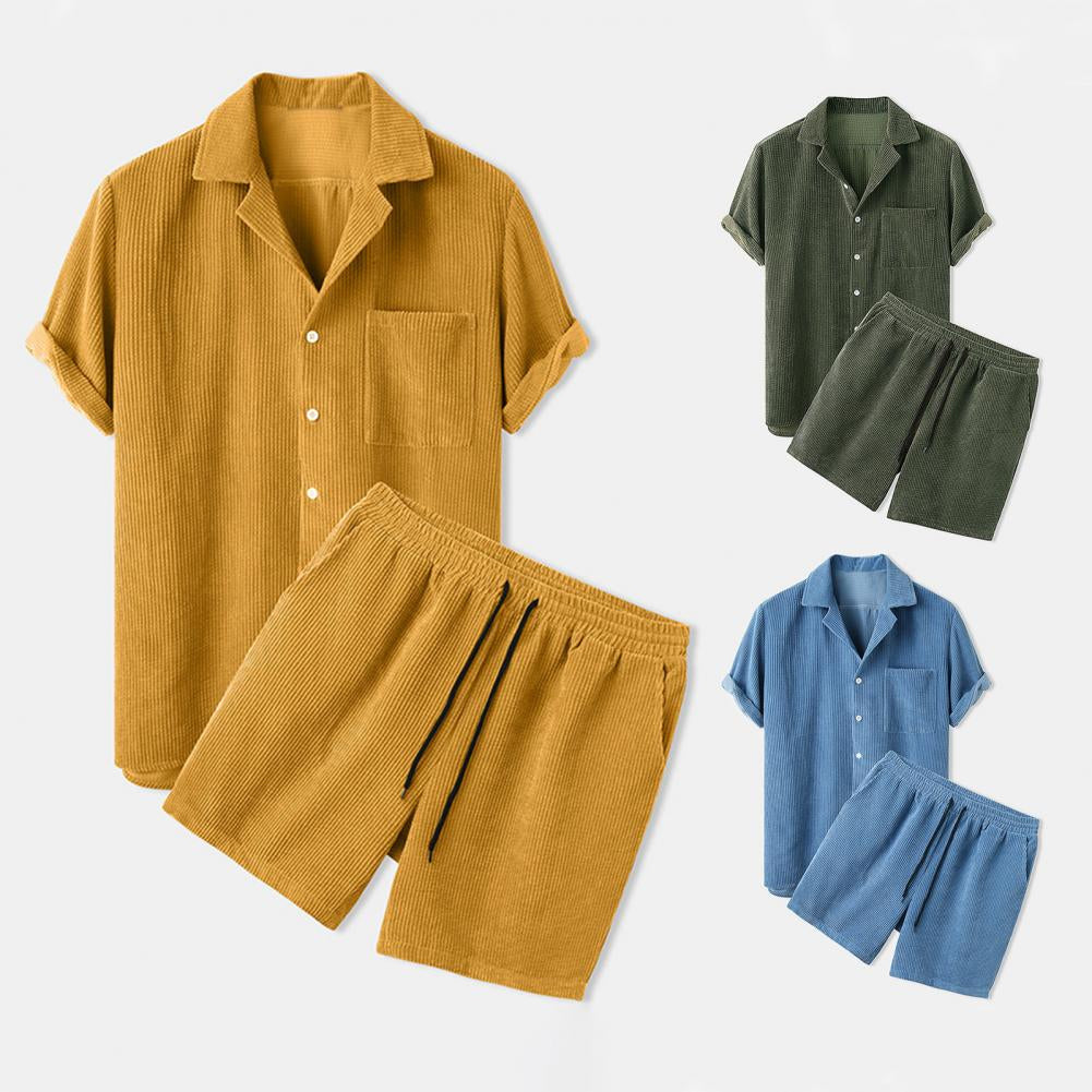 Men's Two-Piece Summer Set - Cotton Linen Shirt & Shorts Outfit
