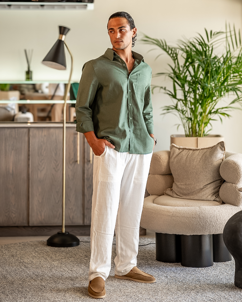 Men's Two-Piece Button-Front Shirt and Drawstring Pants Set, Casual Matching Outfit