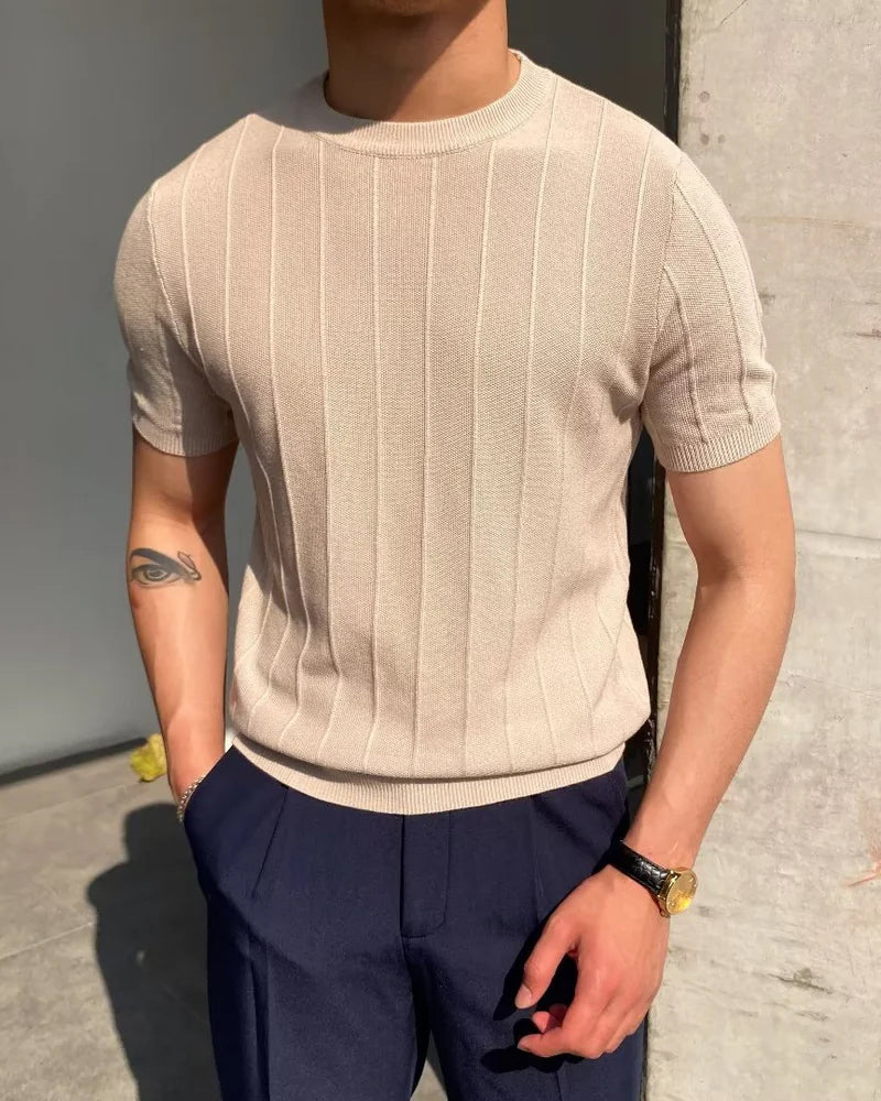 Men's Ribbed Short Sleeve T-Shirt, Casual Crew Neck Tee