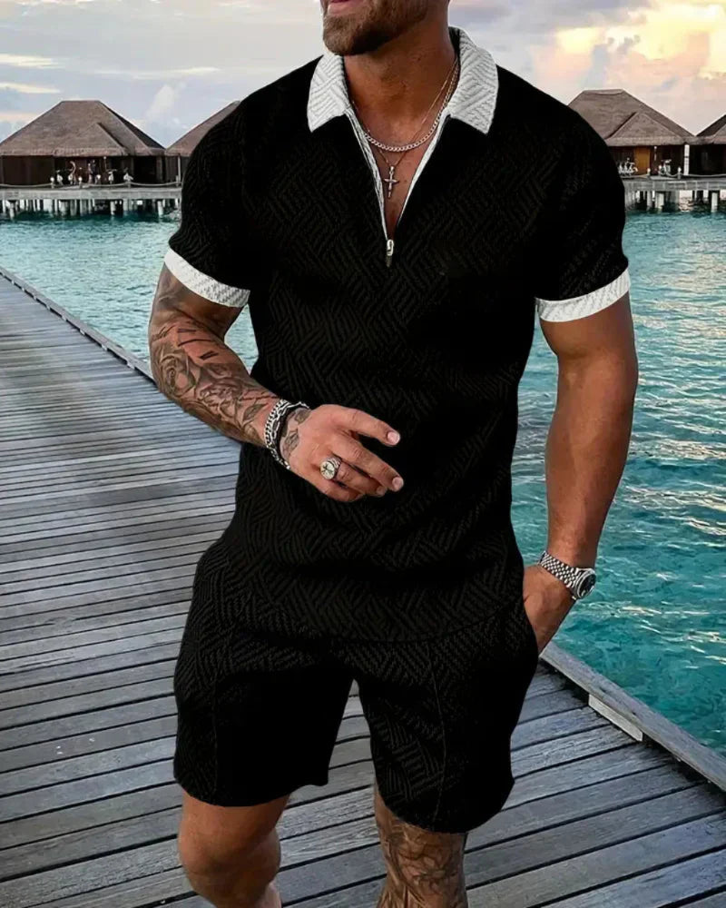 Men's Summer Tracksuit Set, Zip Collar Polo and Shorts Outfit