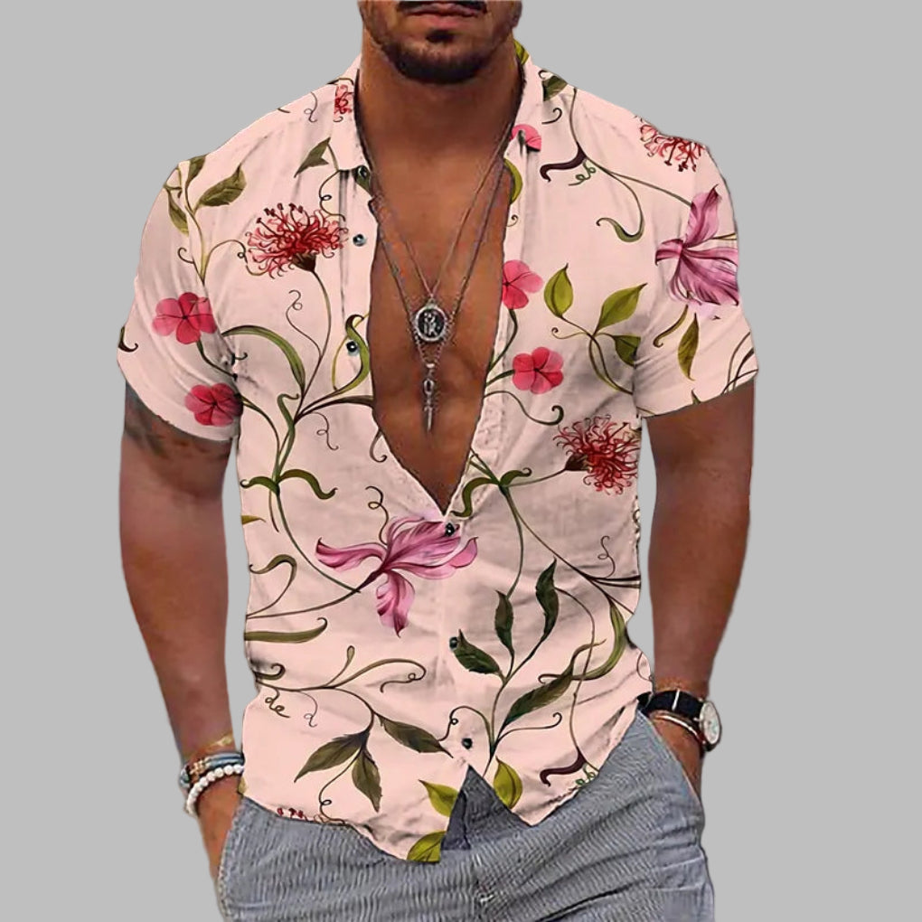 Men's Printed Short Sleeve Shirt - Lightweight Beach and Casual Top