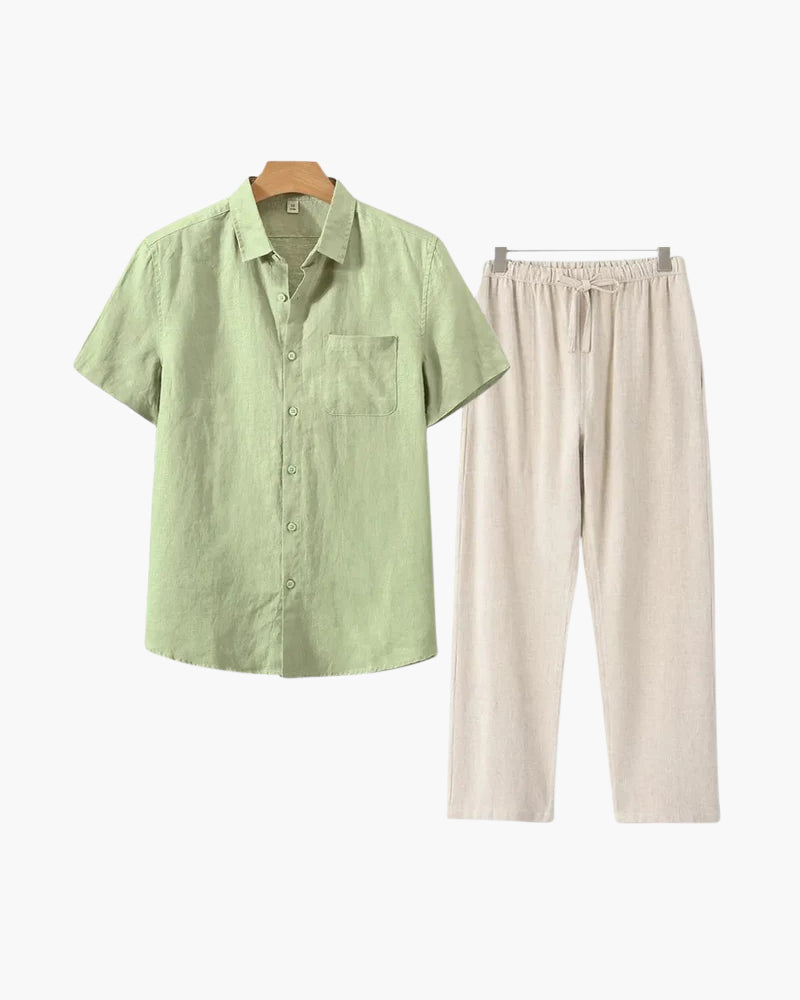 Men's Button-Down Shirt and Pants Set with Elastic Waistband, Summer Two-Piece Outfit