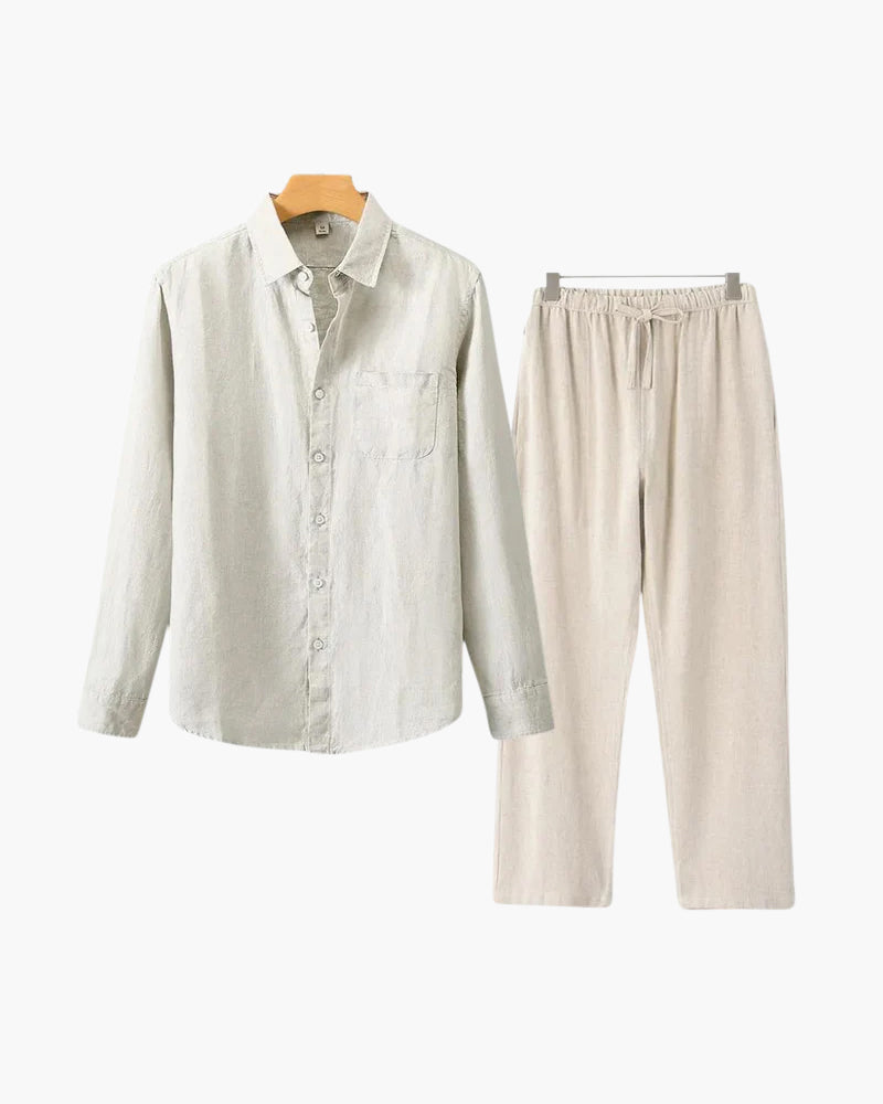 Men's Two-Piece Button-Front Shirt and Drawstring Pants Set, Casual Matching Outfit