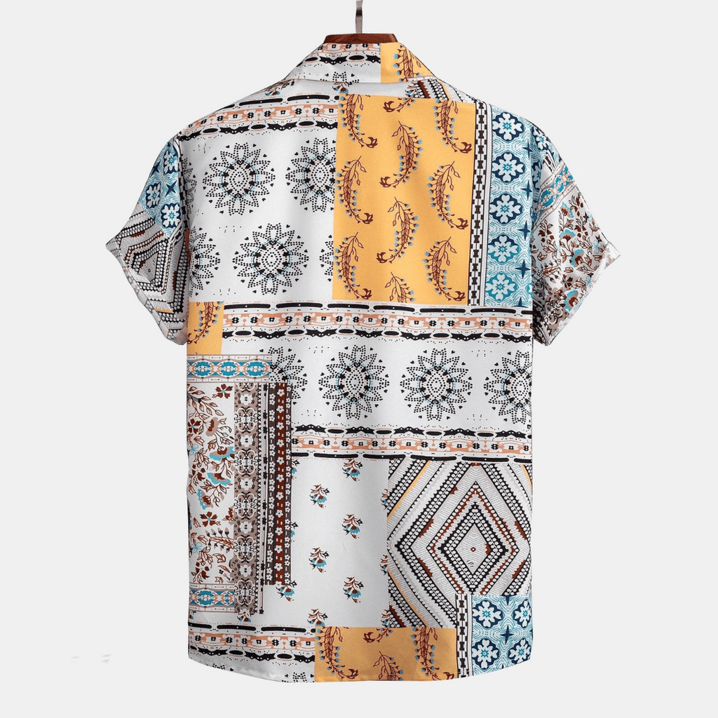Men's Printed Short Sleeve Shirt and Shorts Set, Patchwork Print Two-Piece Outfit