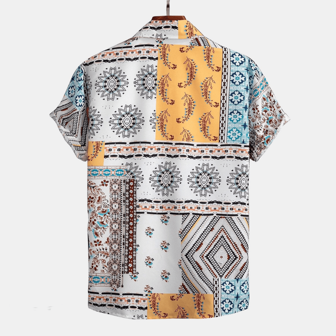 Men's Printed Short Sleeve Shirt and Shorts Set, Patchwork Print Two-Piece Outfit