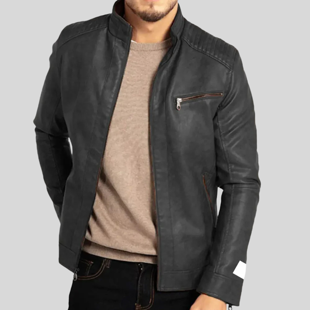 Men's Wind-Resistant Leather Jacket - Full-Zip with Snap Placket