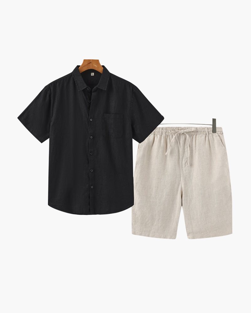 Men's Button-Down Shirt and Shorts Set with Elastic Waist, Summer Two-Piece Outfit