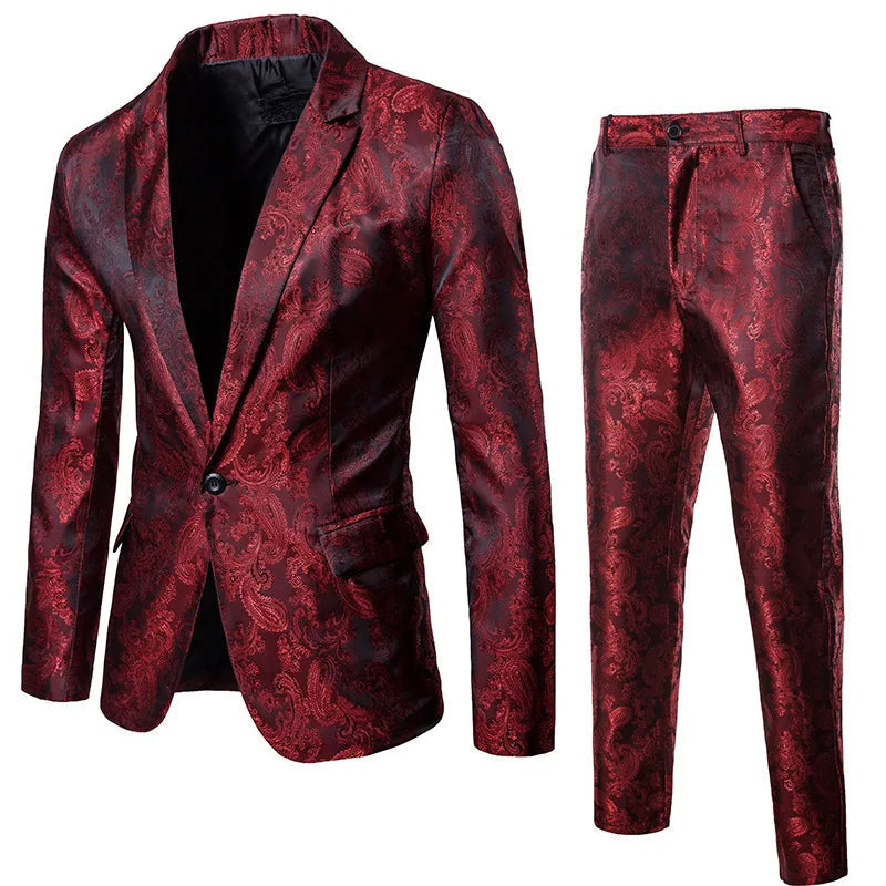 Men's Two-Piece Suit - Slim Fit Jacquard Blazer and Trousers Set