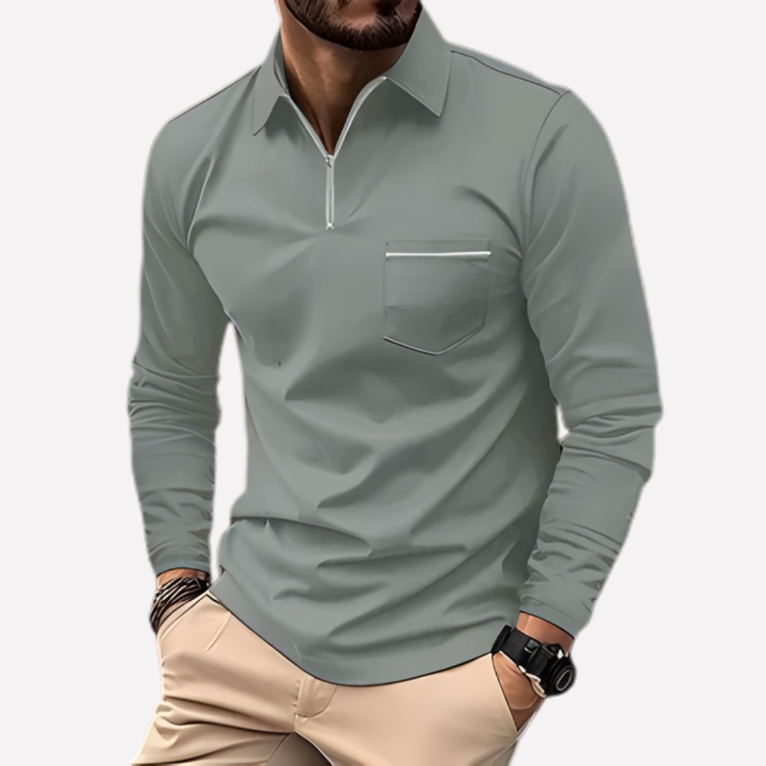 Men's Long-Sleeve Polo Shirt with Chest Pocket - Cotton Blend