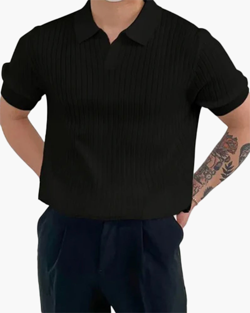 Men's Ribbed Polo Shirt with Collar Detail, Casual Short Sleeve Polo