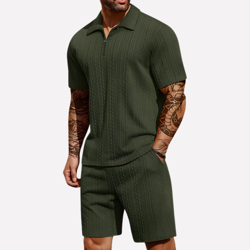 Men's 2-Piece Casual Outfit Set, Quarter-Zip Polo and Matching Shorts