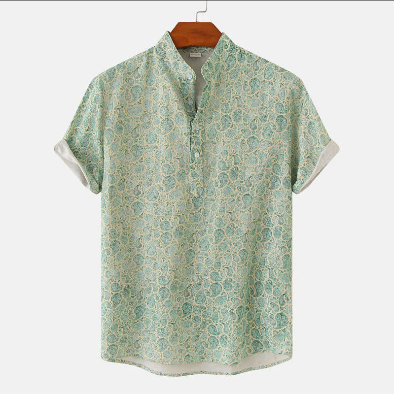 Men's Short Sleeve Print Shirt | Stand-Up Collar Button-Up