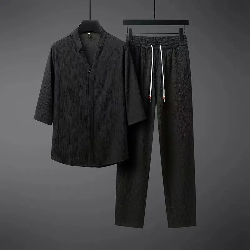 Men's Linen 2-Piece Set - Short Sleeve Shirt and Elastic Waist Pants