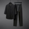 Men's Linen 2-Piece Set - Short Sleeve Shirt and Elastic Waist Pants