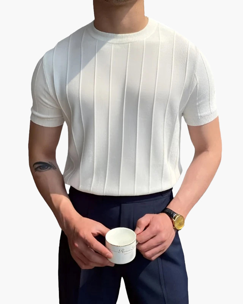 Men's Ribbed Short Sleeve T-Shirt, Casual Crew Neck Tee