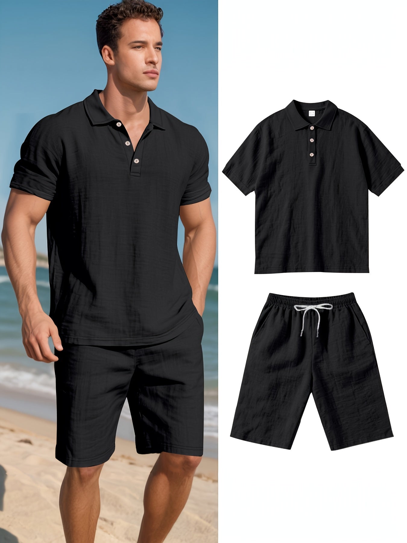 Men's Polo Shirt and Shorts Set with Adjustable Waist, Matching Summer Outfit