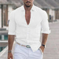 Men's Linen Shirt with Turn-Down Collar, Breathable Button-Up