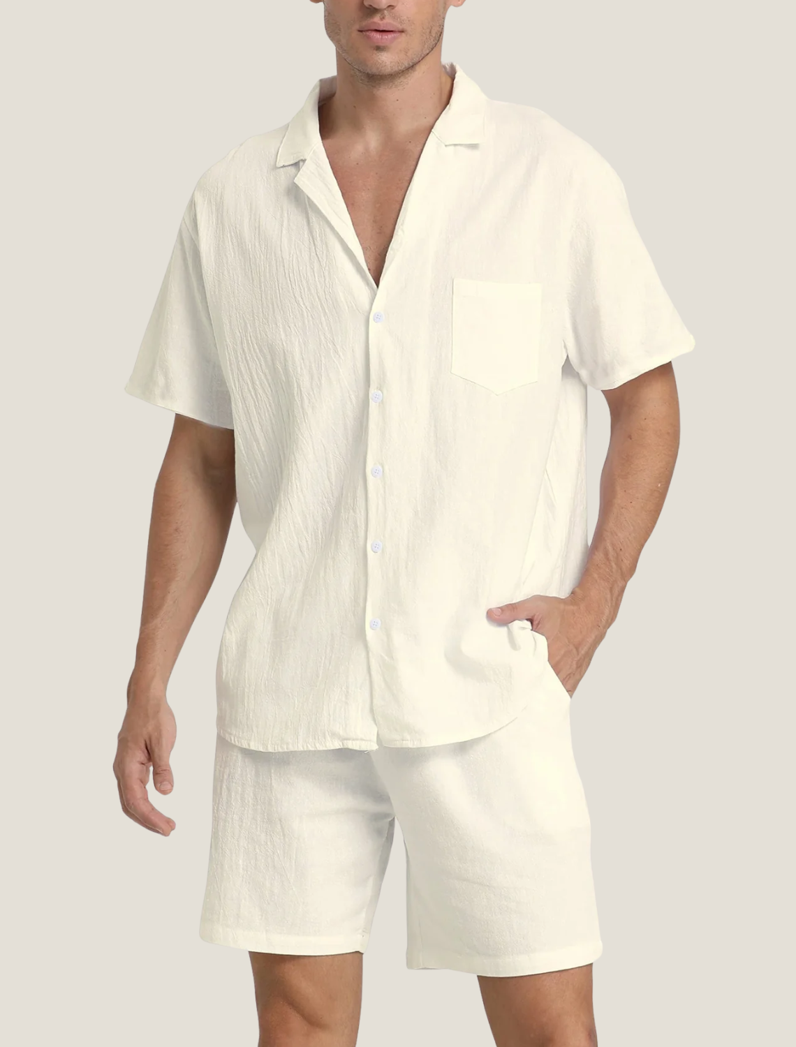 Men's Summer Button-Down Shirt and Shorts Set with Chest Pocket, Two-Piece Outfit
