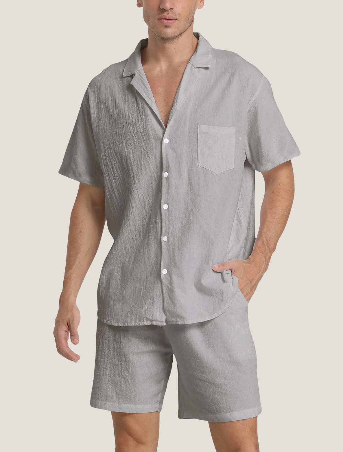Men's Summer Button-Down Shirt and Shorts Set with Chest Pocket, Two-Piece Outfit