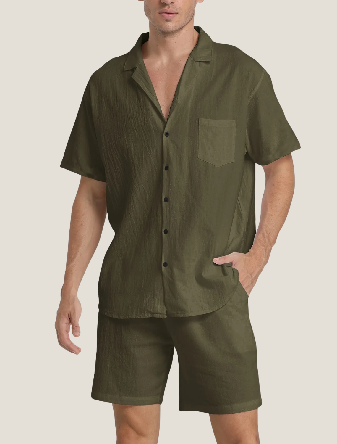 Men's Summer Button-Down Shirt and Shorts Set with Chest Pocket, Two-Piece Outfit