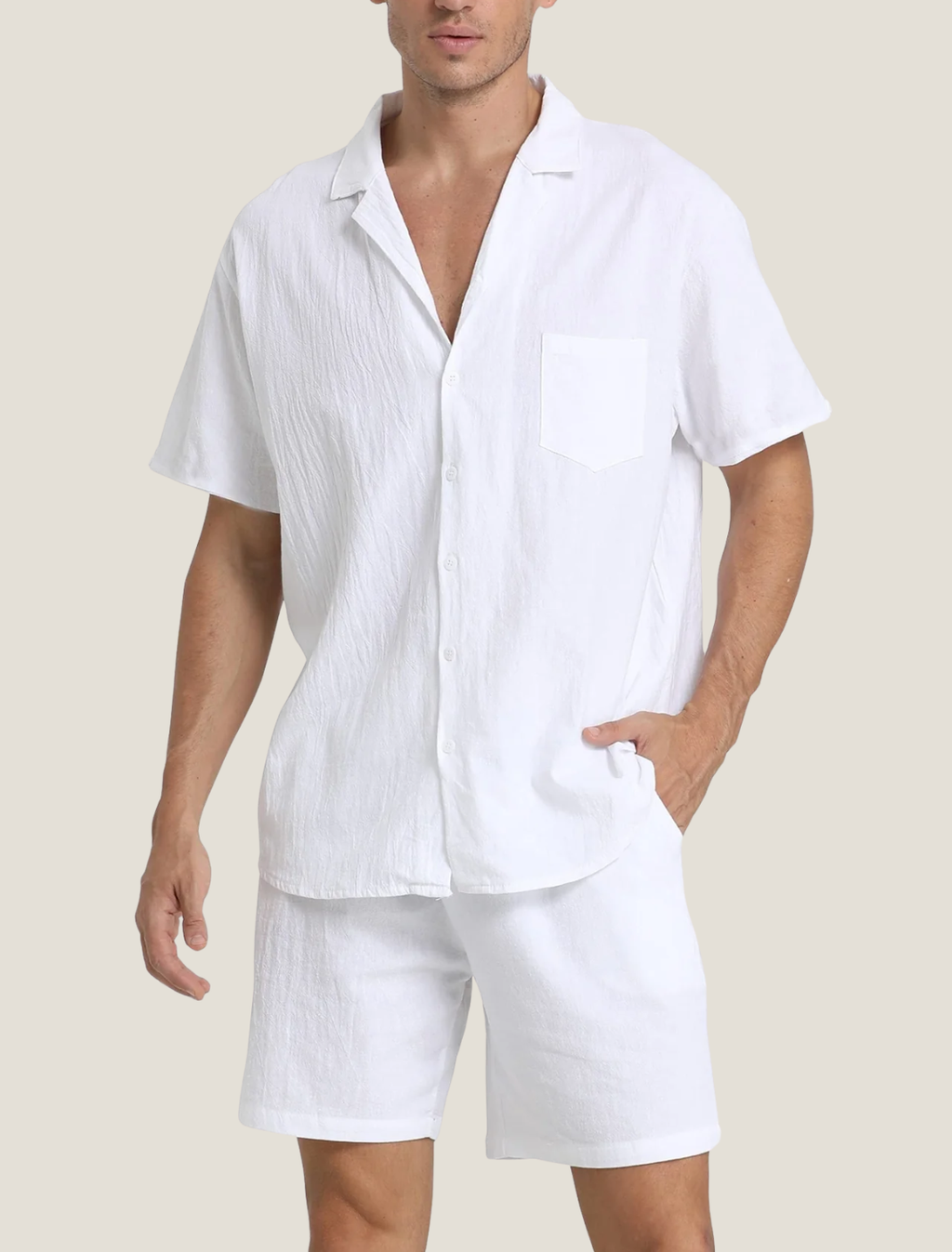 Men's Summer Button-Down Shirt and Shorts Set with Chest Pocket, Two-Piece Outfit