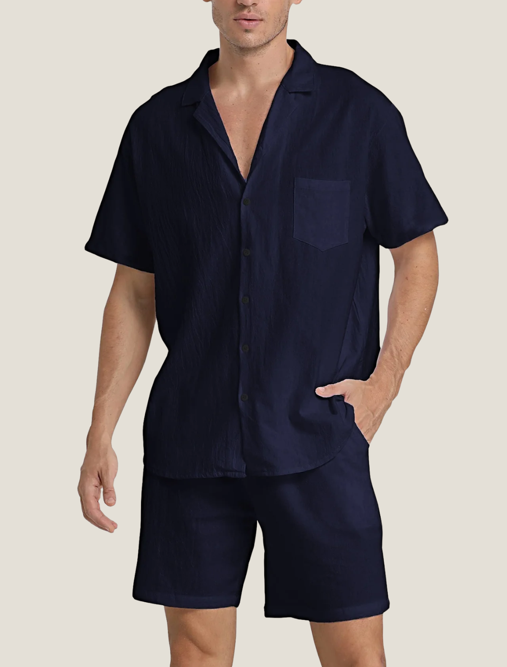 Men's Summer Button-Down Shirt and Shorts Set with Chest Pocket, Two-Piece Outfit