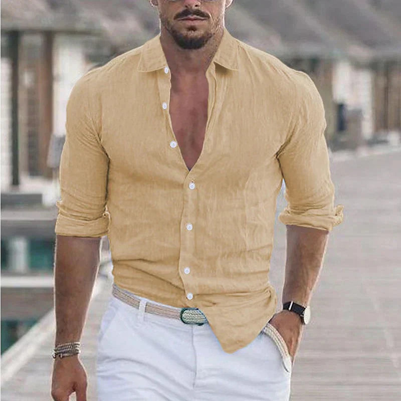 Men's Linen Shirt with Turn-Down Collar, Breathable Button-Up