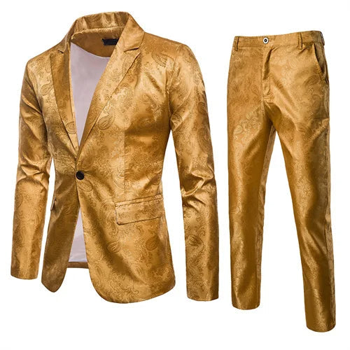 Men's Two-Piece Suit - Slim Fit Jacquard Blazer and Trousers Set