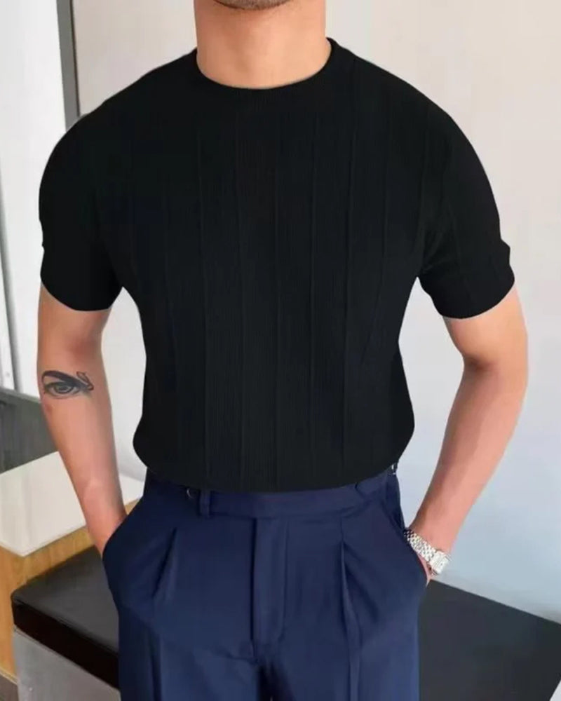 Men's Ribbed Short Sleeve T-Shirt, Casual Crew Neck Tee