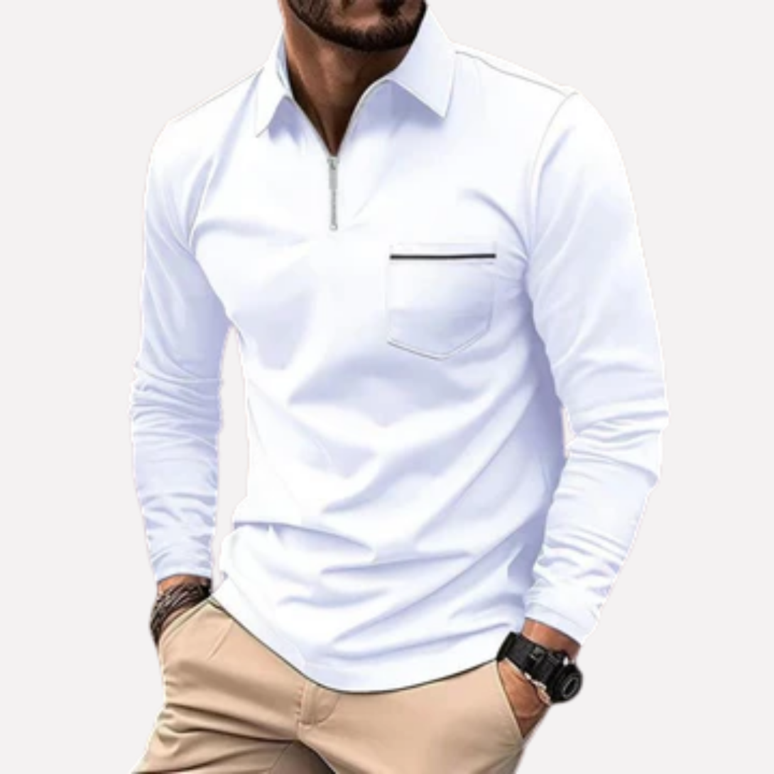 Men's Long-Sleeve Polo Shirt with Chest Pocket - Cotton Blend
