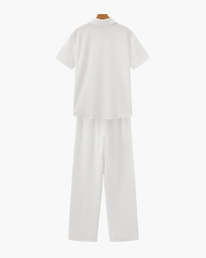 Men's Two-Piece Short Sleeve Shirt and Pants Set with V-Neck, Casual Matching Outfit