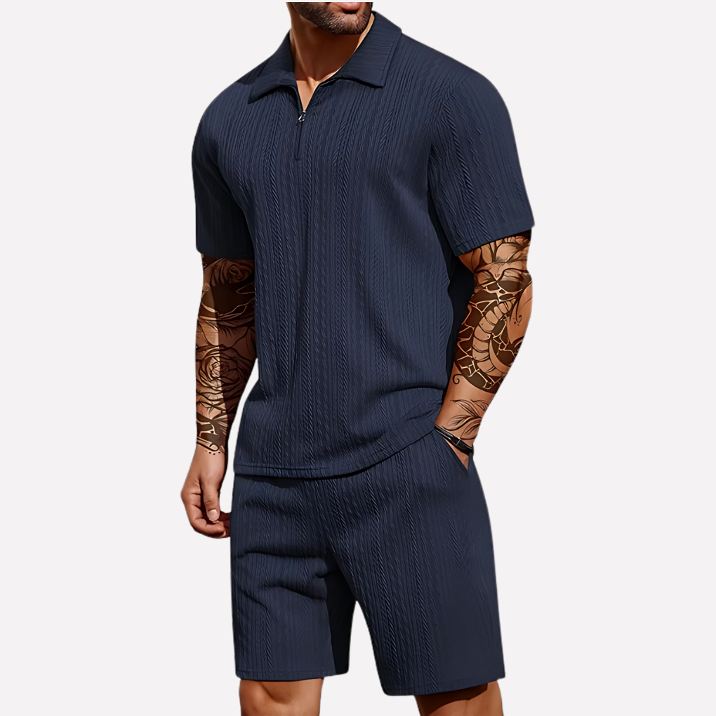 Men's 2-Piece Casual Outfit Set, Quarter-Zip Polo and Matching Shorts