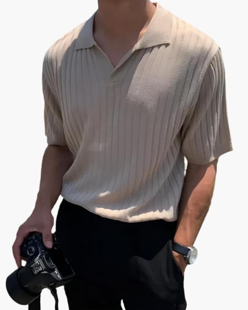 Men's Ribbed Polo Shirt with Collar Detail, Casual Short Sleeve Polo