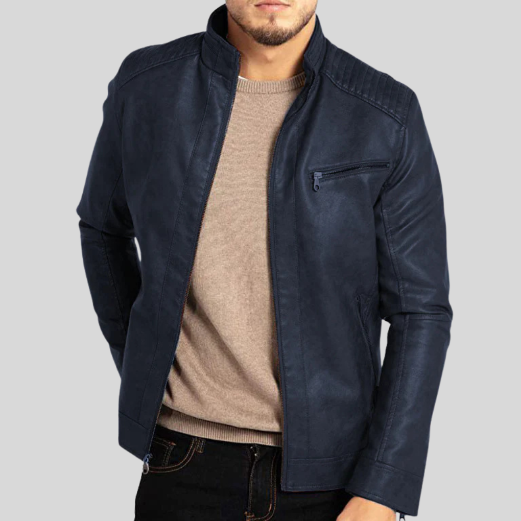 Men's Wind-Resistant Leather Jacket - Full-Zip with Snap Placket